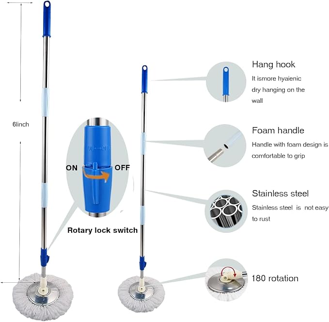 Spin Mop and Bucket with Wringer Set,360° Spin Mop & Bucket Floor Cleaning System Mop Bucket with 61" Adjustable Extended Handle 3 Microfiber Replacement Head Refills