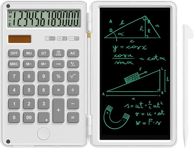 Calculator with Writing Pad,12-Digit LCD Display, Dual Power Solar + Coin Cell,1-Yr Battery Life Silicone Keys for Comfort Lightweight Portable for Students/Engineers/Professionals (White)
