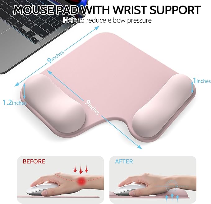 Ergonomic Mouse Pad with Gel Wrist Rest (1" & 1.2" Dual Height) - Cute Mouse Pads Compact Mousepad Desk Mat Office, Gaming & Carpal Tunnel Relief | Non-Slip Rubber Base Pale Pink