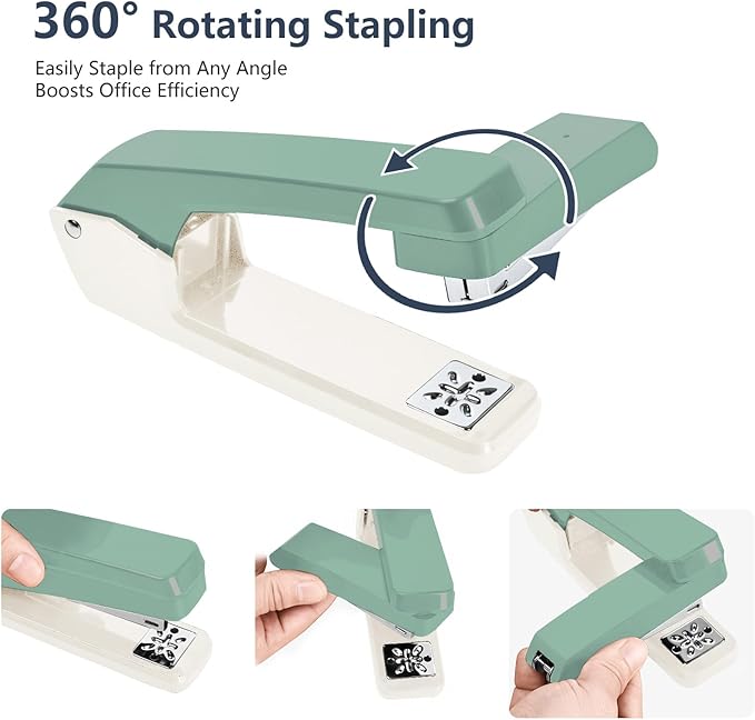 MJMX 360° Rotating Swing-Arm Stapler, 25-Sheet Capacity, with 1000 Staples, 8-Position Lock, ABS Durable Design, for Office/Home/School (Green)