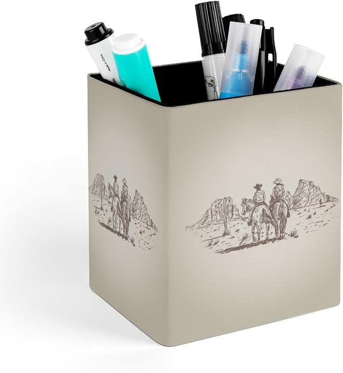 Square Pen Holder & Pencil Organizer for Desk - Office Storage Organizer , Markers/Makeup Brushes/Scissors Holder, Compact Desk Decor Accessories for Home Classroom School(Western Desert Cowboy)