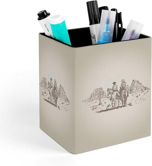 Square Pen Holder & Pencil Organizer for Desk - Office Storage Organizer , Markers/Makeup Brushes/Scissors Holder, Compact Desk Decor Accessories for Home Classroom School(Western Desert Cowboy)