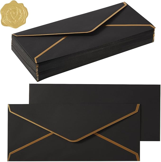 100 Pack #10 Business Envelopes with Gold Border, Self Seal Standard Envelopes with Gold Stickers for Office, Checks, Letter Mailing, Invoices, 4 1/8 x 9 1/2 Inches (Black)
