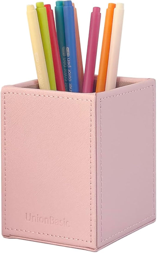 UnionBasic Square Pen Holder, Leather Pencil Cup, Desktop Caddy Stationery Organizer, Taiga Pattern Leather, Pink