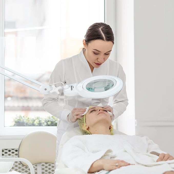 Bifocals Magnifying Desk Lamp with Clamp, 5 Diopter with 20 Diopter, 6 Inch Detachable Lens and 120PCS LEDs, 3 Color Modes 1200 Lumens Swivel Arm Magnifying Lamp with Light for Crafts (White)