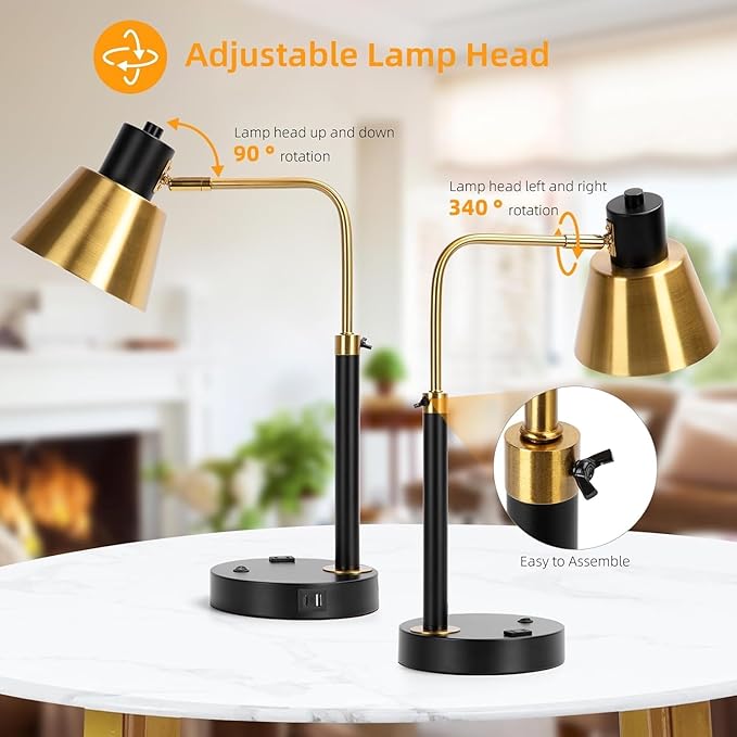 Desk Lamp with Dual USB Charging Port, Heavy Duty Metal Task Light, 340 Degree Swivel Arms, Easy Assembly with Cord Guide, Reading Lamp for Home Office, Black & Gold (Bulb Not Included)