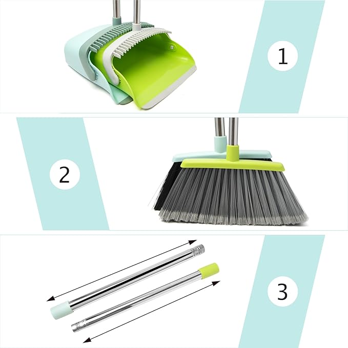 XXFLOWER Broom and Dustpan Set, Dustpans with Broom Combo for Home, Heavy Dust Broom and Dustpan Combo, Long Handle Dust Pan and Broom Set for Kitchen, Office, Pet Hair,Green, Pack of 1