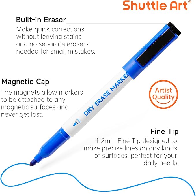 Shuttle Art Blue Dry Erase Markers, 60 Pack Magnetic Whiteboard Markers with Erase,Fine Point Dry Erase Markers Perfect For Writing on Whiteboards, Dry-Erase Boards,Mirrors for School Office Home