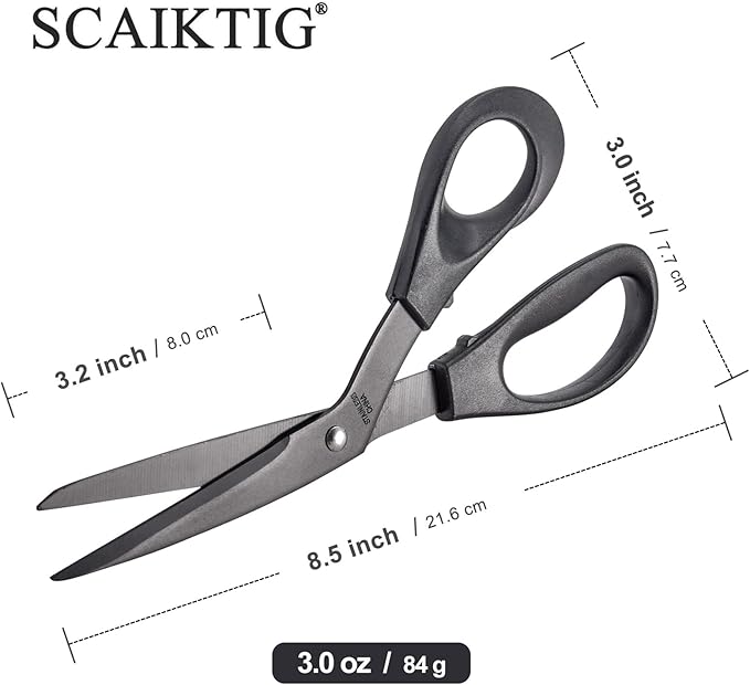 8.5‘’ Bent Fabric Scissors All Purpose Sharp Heavy Duty, Bent Shears for Sewing Crafting Cutting Clothes, Felt, Leather, Paper Supplies, Black