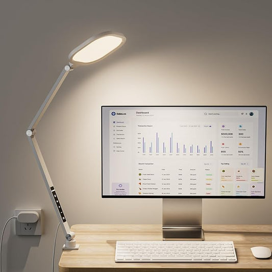 LED Desk Lamp for Home Office, 15W Desk Light with C- Clamp, Swing Arm, Memory & Timer Function, 1200LM Dimmable Computer Light for Video Calls, Conference, Study (White-Clamp)