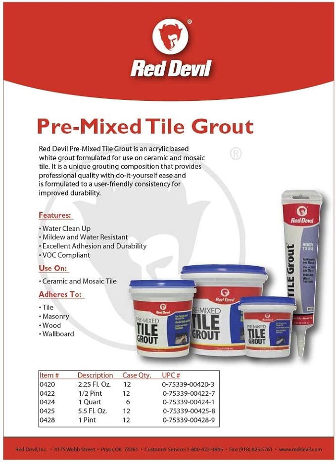 Red Devil 042260 Pre-Mixed Tile Grout - Professional Quality, Excellent Adhesion, Ideal for Wall & Floor Use - 1/2 Pint, Black, Pack of 12, Made in USA