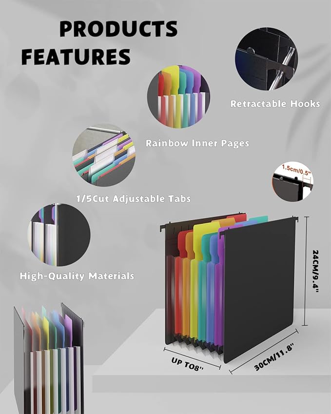 Plastic Expanding Hanging File Folders, 7 Pocket Extra Capacity Accordion Hang Folder, 1/5 Cut Adjustable Tabs, Multi-Color Lables, Letter Size for Filing Cabinet - 6 Pack