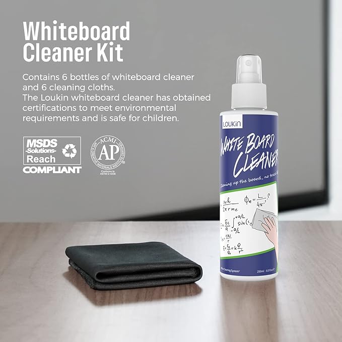 loukin Non-Toxic Whiteboard Cleaner, 8.5 fl oz Dry Erase Board Cleaner, Low-Odor Whiteboard Cleaning Spray with Cloths, Removes Stubborn Marks from Whiteboards, Chalkboard (6-Pack)
