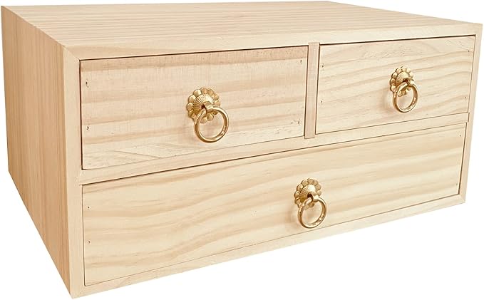 2 Layer Desk Organizer Wooden Desktop Organizer Tabletop Storage Organization Box Natural Wood Counter Drawer with Metal Handle 3 Drawer for Desk Accessories Home Office Counter Craft Decor