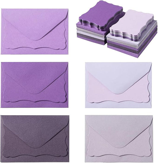100 Pack Mini Envelopes with Note Cards in 5 Colors for Wedding, Birthday, Baby Showers, 4 x 2.7 Inches (Purple)