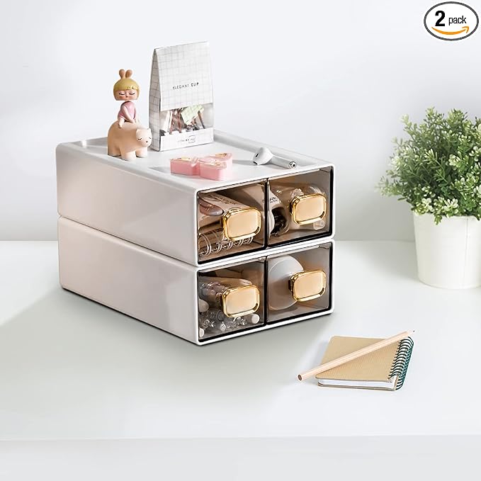 2 PACK Desk Organizer with Drawer Stackable Storage Drawer Small Desktop Drawer Plastic Clear Desk Organization Storage Box for Accessories, Markers, Clips, Cables (White,M-2 Drawer,Pack of 2)