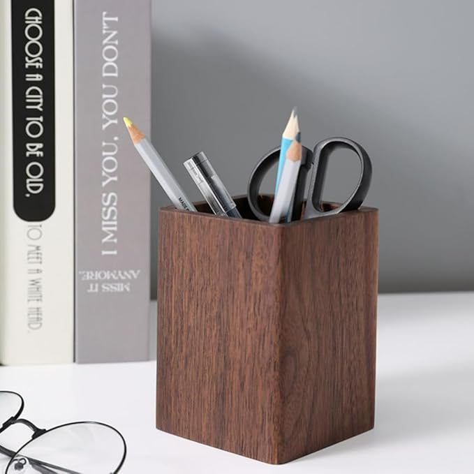 Wooden Pen Holder for Desk, Multi-Functional Pen Cup Pencil Holder for Office School Supplies Storage, Black Walnut Desk Organizer and Accessories（Square）