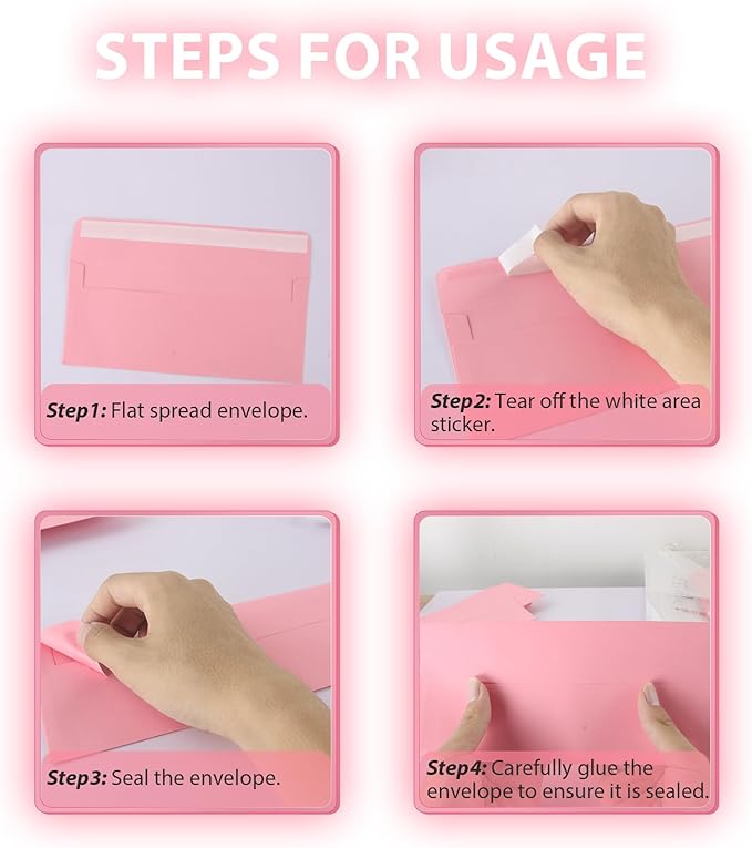 50 packs #10 Business envelopes, pink envelopes, self-sealing standard envelopes, suitable for personal and business, checks, mailing letters, invoices (41/8x9/2 inches)
