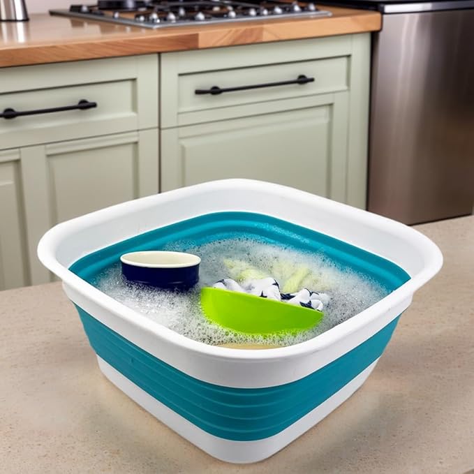 SAMMART 8L (2.1 Gallon) Collapsible Tub - Foldable Dish Tub - Portable Washing Basin - Space Saving Plastic Washtub (White/Ceramic Blue)