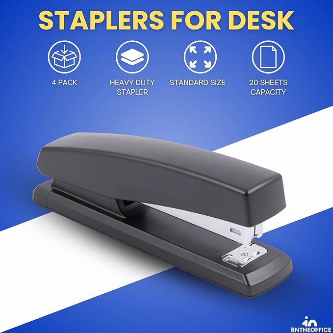 1InTheOffice Staplers for Desk, Heavy Duty Desk Stapler, Full Strip, 20-Sheet Capacity, Black, 4-Pack