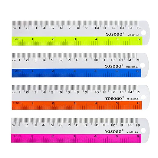 6 Inch / 15 cm Assorted Color Aluminum Ruler in Inch and CM Scale with Hanging Hole | Pack of 6