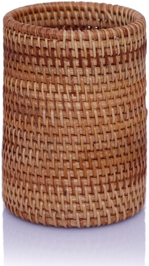 Handmade Vine Desk Organizer Pen Container Box Tea Caddy Makeup Brushes Holder Stand, Rattan Pencil Holder, Boho Table Décor Office Cups Organizer for Desk, Stationery, Flower Vase, Brown, (Cylinder)