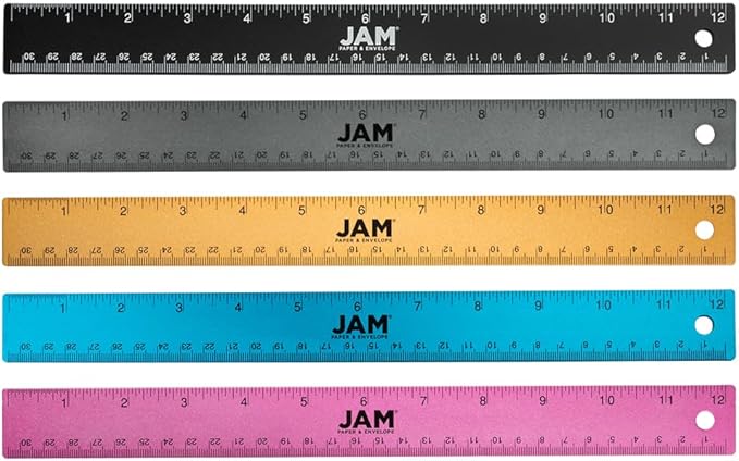 JAM PAPER Strong Aluminum Rulers - 12 Inch - Metal Rulers with Non-Skid Cork Backing - Business Assortment - 5/Pack