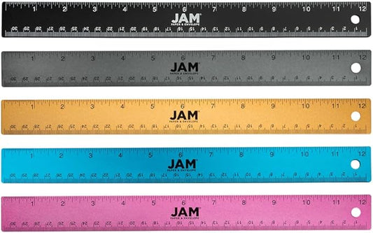 JAM PAPER Strong Aluminum Rulers - 12 Inch - Metal Rulers with Non-Skid Cork Backing - Business Assortment - 5/Pack