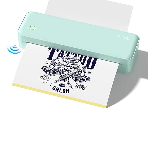 Wireless Tattoo Transfer Stencil Printer, Portable Thermal Tattoo Machine for Tattoo Beginners with 40pcs Stencil Paper, Compatible with Smartphone & PC, Rechargeable & Inkless, Light Green