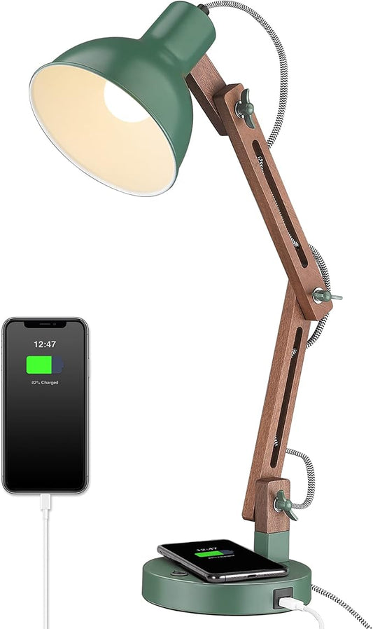 ELYONA LED Desk Lamp with Wireless Charger, Sapele Wood Reading Light with USB C Charging Port, Swing Arm Table Lamp for Home Office, College Dorm, Bedroom Living Room, Bulb Included, Vintage Green
