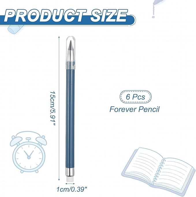 PATIKIL Forever Pencil, 6 Pcs Mechanical Sharpened Cute Metal Pencils Set for Coloring Book Sketch Drawing Writing Art Beginner, Dark Blue