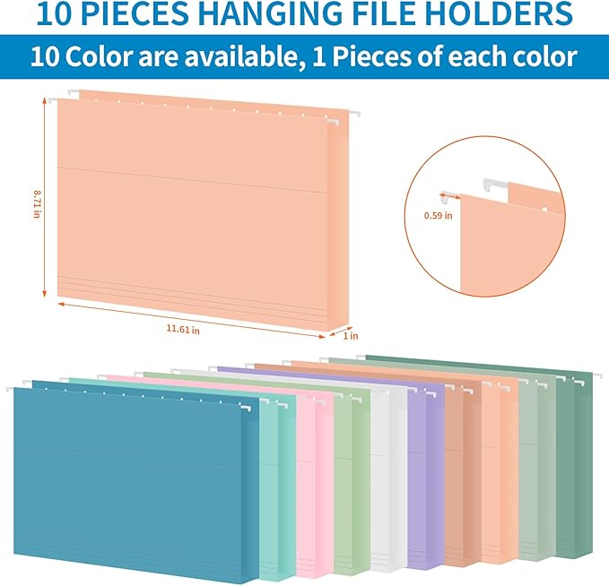 10 Pack Hanging File Folders, Letter Size with 1/5-Cut Adjustable Tabs, Pastel 10 Selected Color - File Folder Organizer for Filing Cabinet Office Home, Designed for Bulky Files, Medical Charts