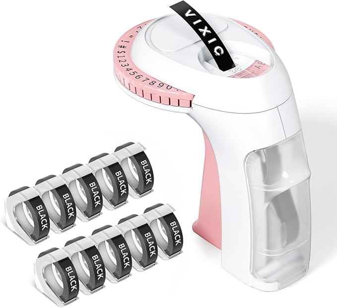 Vixic Embossing Label Maker Machine with Tapes, Vintage Embossed Label Maker, Retro Embossing Machine with 10 Rolls 9mm 3D Embossing Label Tapes for Home Office Kids DIY Crafting School, Pink