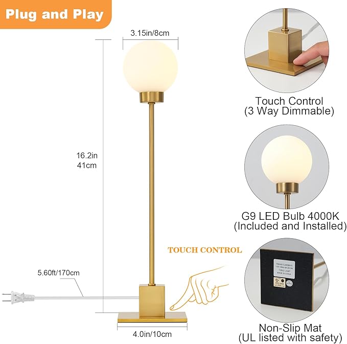 Touch Lamps for Bedroom, Small Brass Table Lights, 3-Way Control Dimmable Bedside Nightstand Desk Lighting, Decorative for Bedroom, Plug and Play, G9 Bulb Included and Installed(Brass, Set of 2)