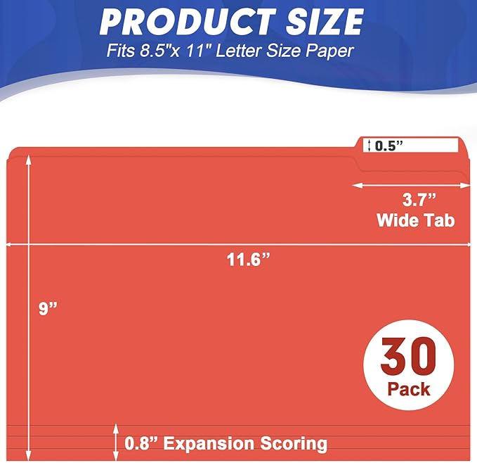 File Folder, HERKKA 30 Pack 1/3 Cut Tab File Folders, File Folders Great for Organizing and Filing, Letter Size, Red