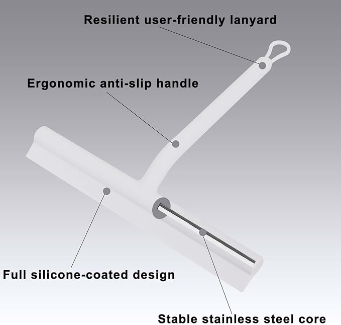 DEOFUXT Squeegee for Shower Glass Doors, Resilient Loop - No-Drill & Adhesive Hook, Silicone Shower Squeegee with Stainless Steel Core, Cleaning Tool for Home, Kitchen, Bathroom & Car - White