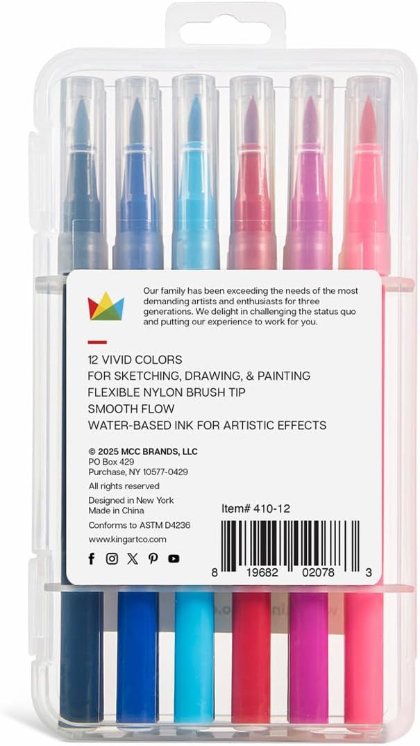 KINGART 'Watercolor-Effect' Brush Markers (410-12), 12 Colors - Brightly Colored Markers, Journaling, Lettering, Kids and Adult Coloring Books, and More, Convenient Carrying Case