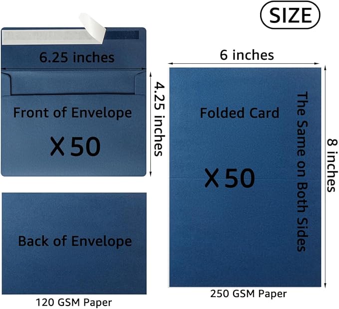 Wishop 50 Pack Self-Adhesive Envelopes with Fold Cards for Wedding Invitations, Greeting Cards, Baby Shower, Letter Mailing (Navy Blue, 4x6)