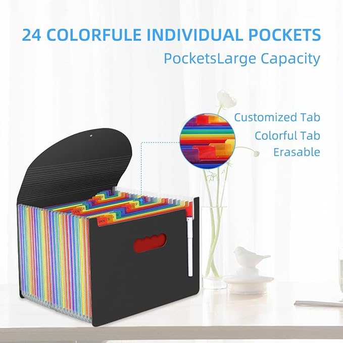 24 Pockets Expanding File Folder,Accordion File Organizer,Document Organizer Letter Size,Expandable Filing Box,Special Designed for Portable Use,Accordian Folders,Plastic (Rainbow)