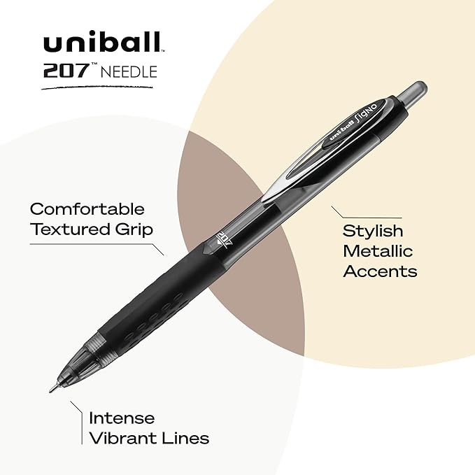 uniball Signo 207 Needle Point Gel Pen, Retractable, Medium 0.7 mm, Black Ink, Black Barrel, 4/Pack