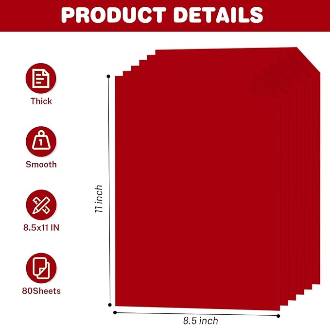 Cardstock 8.5 X 11, 80 Sheets Red Card Stock, 75lb/ 200gsm Copy Paper, Cardstock Printer Paper for Art, Drawing, Invitations, DIY Cards, Watercolor, Craft, Construction, School & Office Supplies