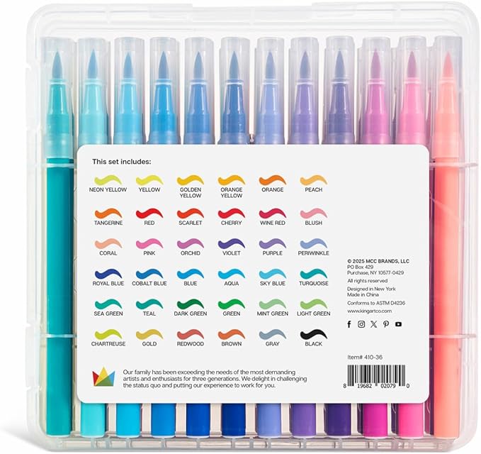 KINGART 36 Watercolor Brush Markers Set: Flexible Tip Pens for Coloring Books, Calligraphy, Doodling, Manga & Painting