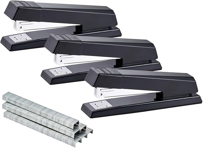 Bostitch Office Stapler, No-Jam Premium for Desktop, Includes 1,250 Staples, Full-Strip, 25 Sheet Capacity, Black, 3 Pack