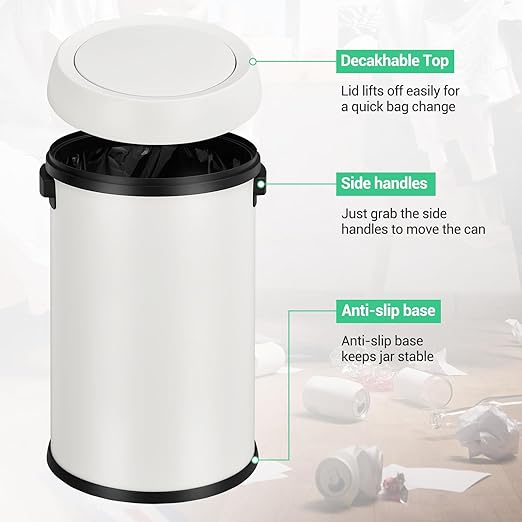 Garvee 17 Gallon/65 Liter Trash Can, Fingerprint-Proof Stainless Steel Swing Top Garbage Can, Heavy Duty Commercial Round Trash Bin with Swing Lid for Restaurant, Home, Office,White