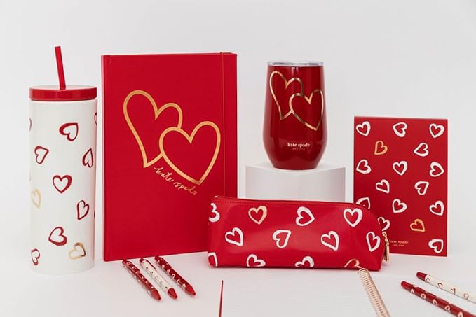 kate spade new york Black Ink Pen Set of 5, Cute Click Pens, Plastic Retractable Pens for Writing and Journaling (Brushstroke Hearts)