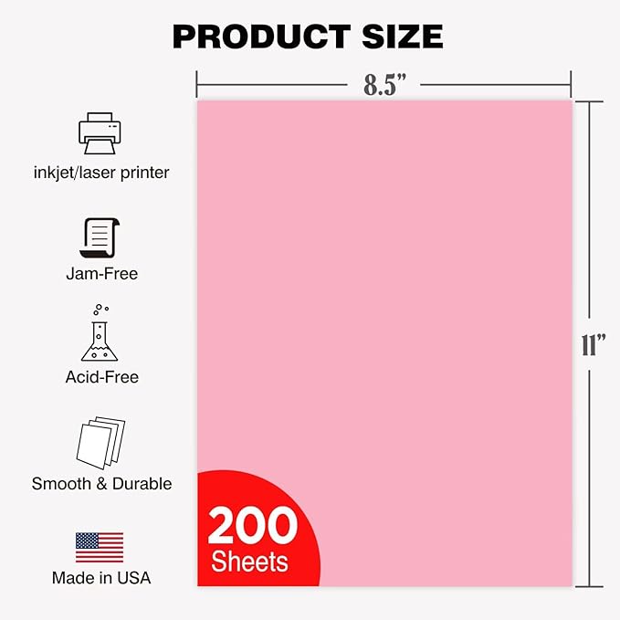 Veritas Colored Copy Paper, Pink Colored Printer Paper 8.5” x 11”, 20 lb / 75 GSM, 200 Sheets (1 Reams) Computer Paper, Multi-Purpose paper, Made in USA