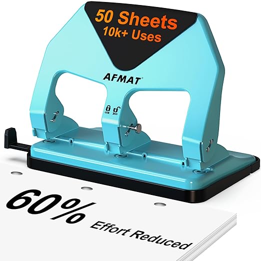 AFMAT HP20 Heavy Duty 3 Hole Punch, 60% Reduced Effort, 50-Sheet 3 Hole Puncher for Binder, 10,000+ Uses, Metal Three Hole Punch for Home Office School, w/Large Chip Tray, Paper Guide
