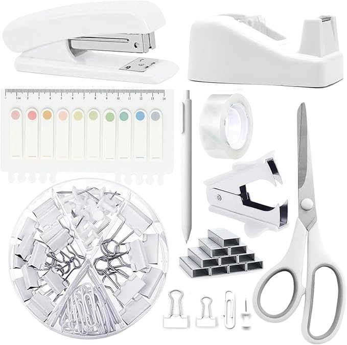Office Supplies,Desk Accessories, Stapler and Tape Dispenser Set for Women with Stapler, Tape Dispenser, Staple Remover, Staples, Clips, Scissor and Tabs,Gift for Students, Coworkers