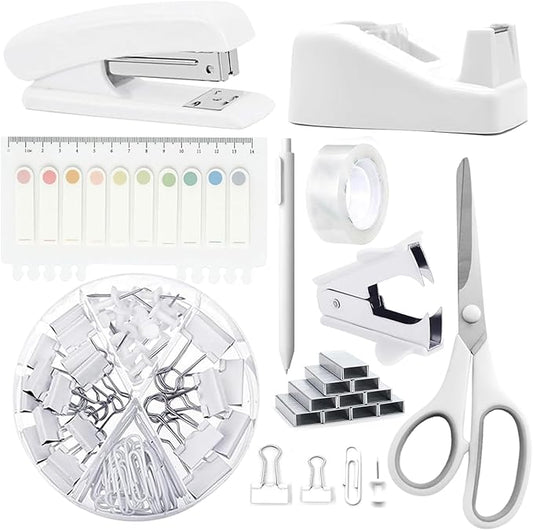 Office Supplies,Desk Accessories, Stapler and Tape Dispenser Set for Women with Stapler, Tape Dispenser, Staple Remover, Staples, Clips, Scissor and Tabs,Gift for Students, Coworkers