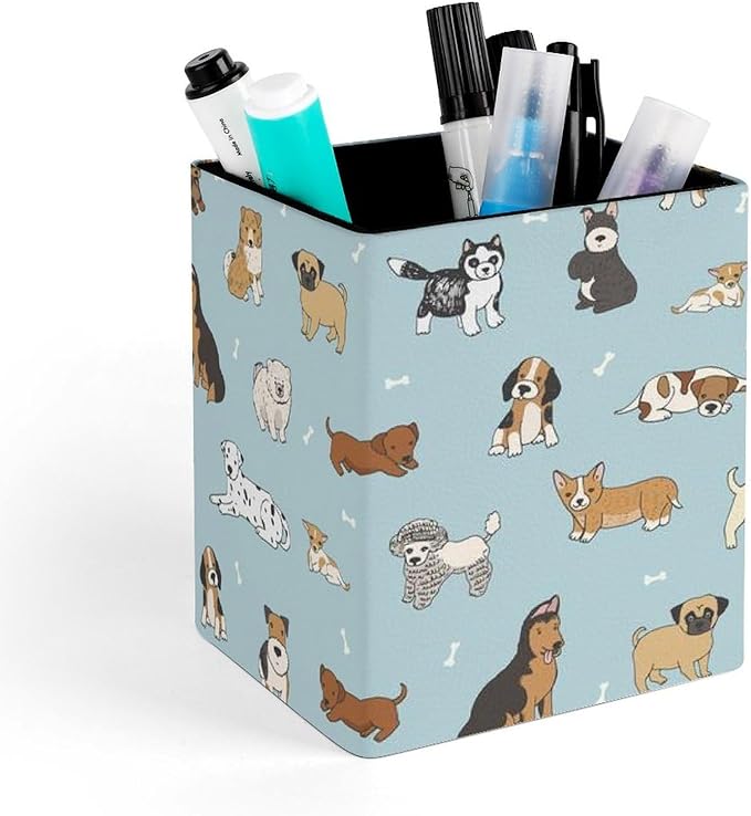 Square Pen Holder & Pencil Organizer for Desk - Office Storage Organizer, Markers/Makeup Brushes/Scissors Holder, Compact Desk Decor Accessories for Home Classroom School(Doodle puppy dog)